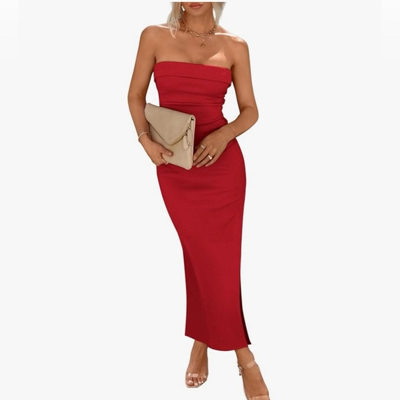 PRETTYGARDEN Tube Dress Bodycon Maxi Strapless Side Slit Party Dresses - Picture 1 of 8
